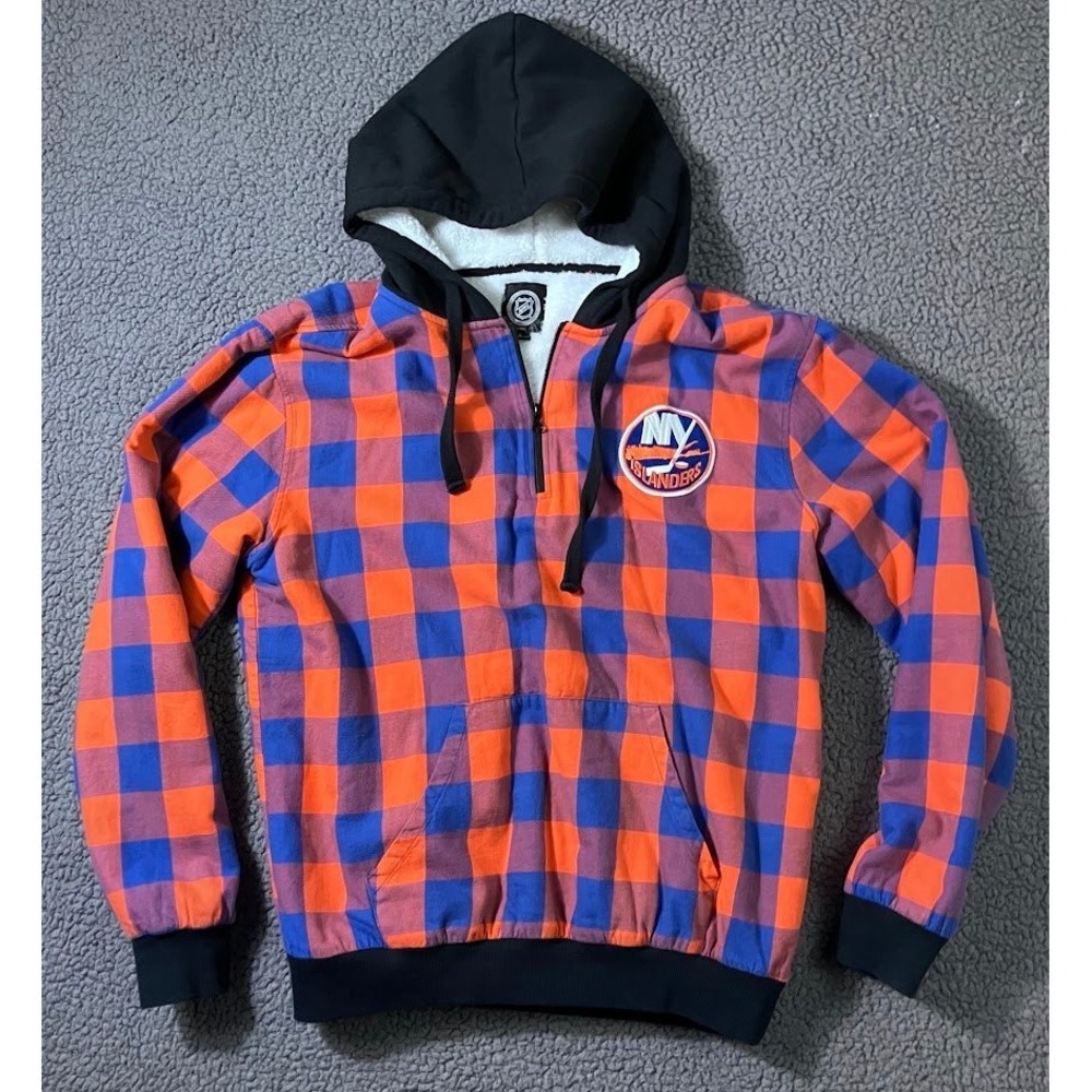 NHL New York Islanders Plaid Sherpa Lined Hoodie Mens Large Orange Blue 1/4 Zip